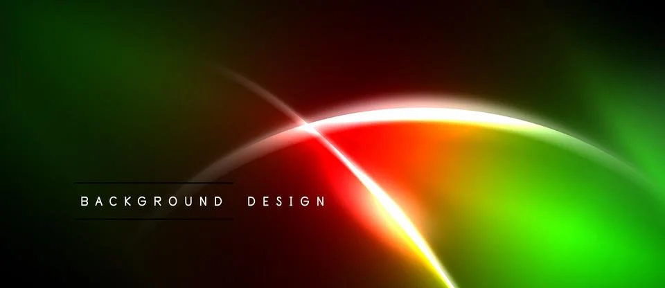 Abstract neon lights create dynamic curves. Green, red, yellow hues blend int Stock Illustration