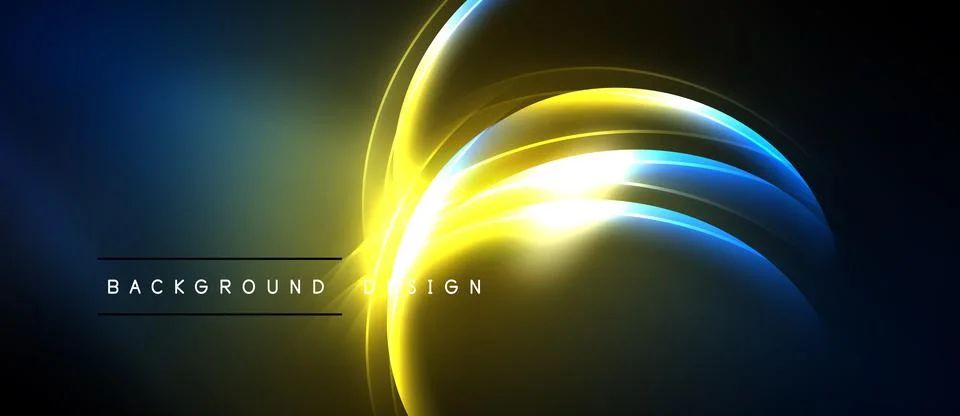 Abstract neon lights create dynamic curves. Blue, yellow glow radiates from Stock Illustration