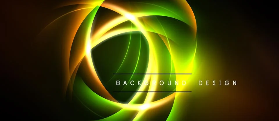 Abstract neon lights create dynamic circular shapes. Bright colors blend, Illustrazione stock