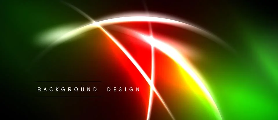Abstract neon lights create vibrant green, red, white glow. Dynamic lines Stock Illustration
