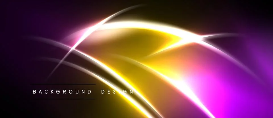 Abstract neon lights create vibrant purple, yellow glow. Dynamic curves sugge Illustrazione stock