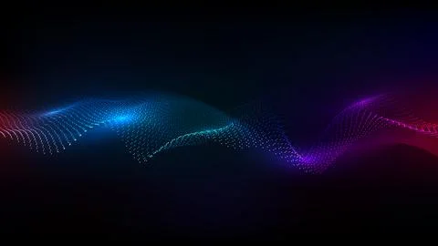 Abstract neon lights dots particles dynamic wave flowing on dark background t Stock Illustration