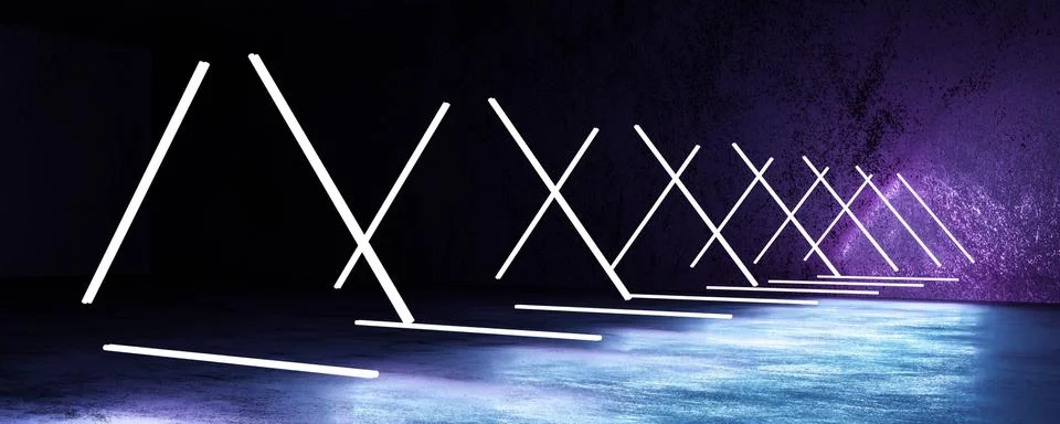 Abstract neon lights flying in triangular geometric shape on dark background and Stock Illustration