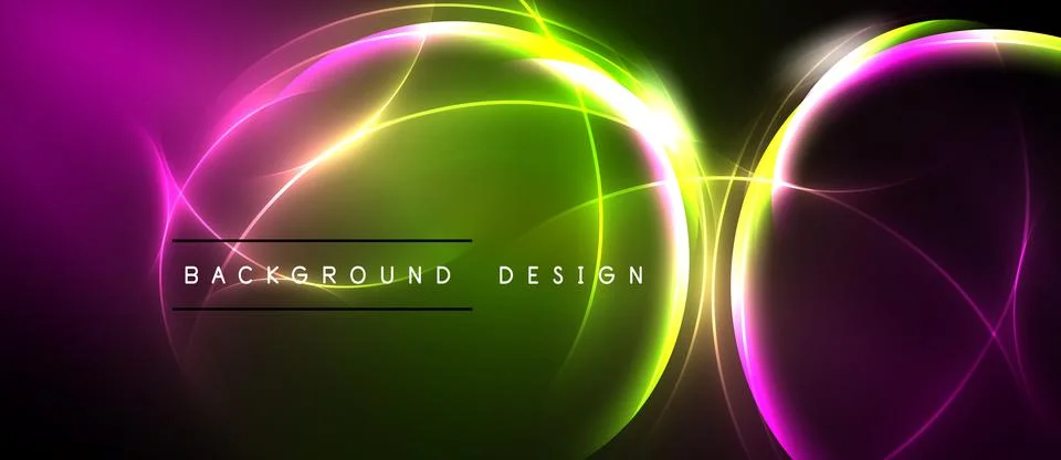 Abstract neon lights form circular shapes. Vivid pinks, greens dominate dark Stock Illustration