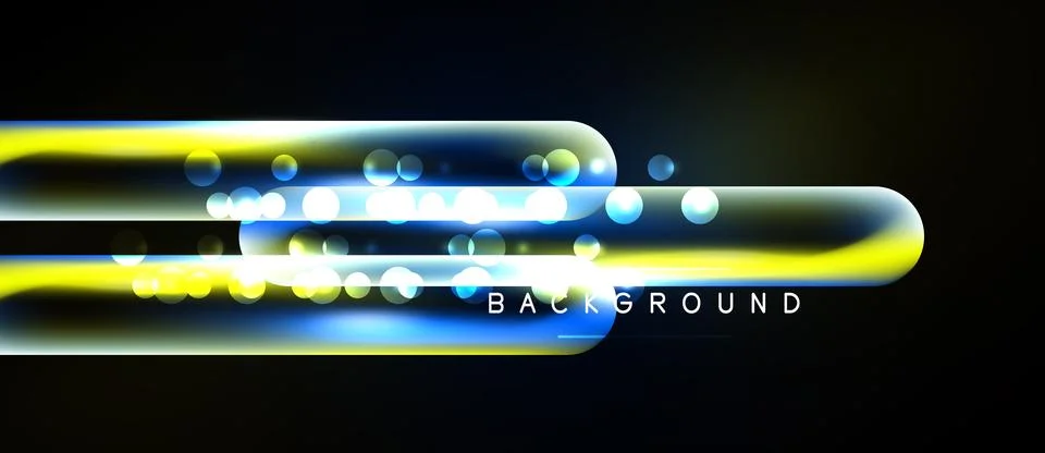 Abstract neon lights form horizontal lines. Bright yellow, blue glows over da Stock Illustration