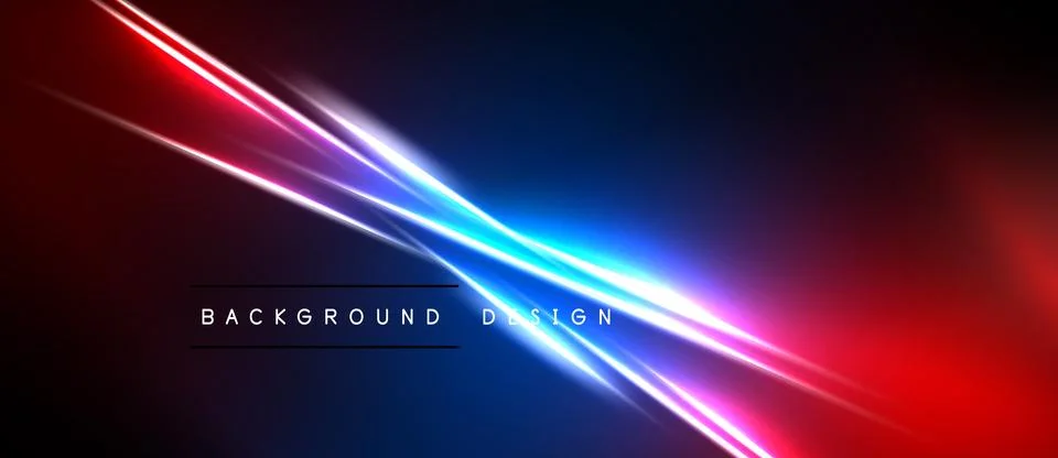 Abstract neon lights intersect dark background. Vivid red, blue hues create Stock Illustration