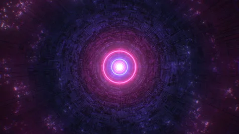 Abstract Neon Lights Rings Spin in Futuristic Sci-Fi Endless Tunnel Stock Footage 139849372