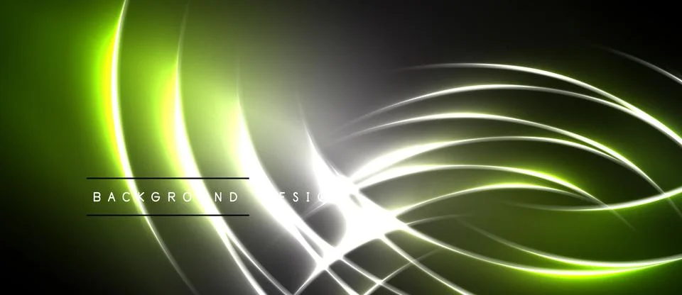 Abstract neon lines create dynamic flow. Green, white hues blend into dark Stock Illustration