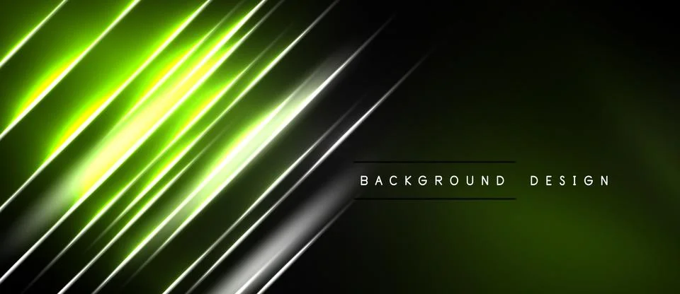 Abstract neon lines create dynamic diagonal pattern. Dark background emphasiz Stock Illustration
