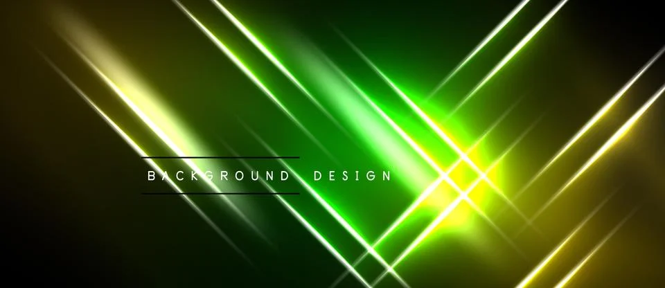 Abstract neon lines create dynamic green, yellow glow. Dark background Illustrazione stock