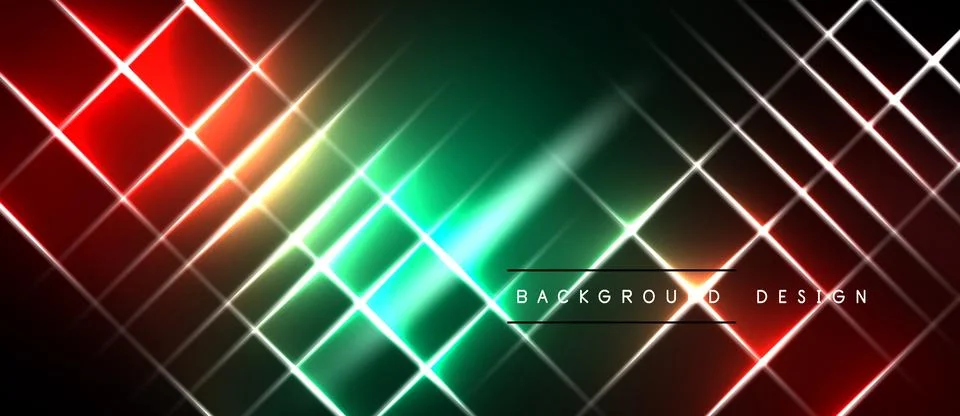 Abstract neon lines create dynamic grid pattern. Vivid red, green, turquoise Ilustración de archivo
