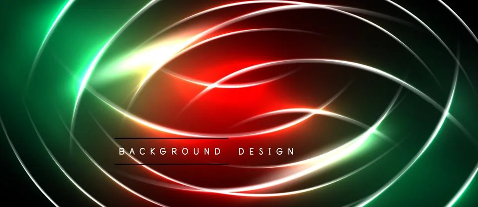 Abstract neon lines create dynamic circular shapes. Vibrant green, red, white Illustrazione stock