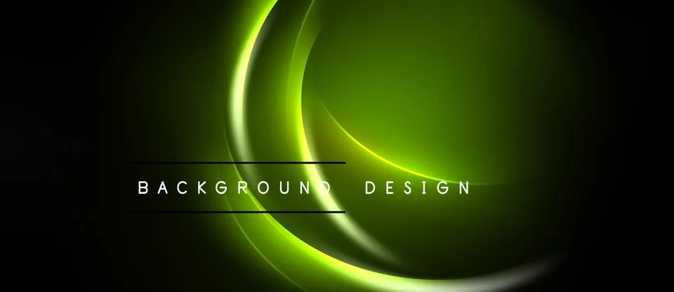 Abstract neon lines create dynamic curves over dark background. Bright green Stock Illustration