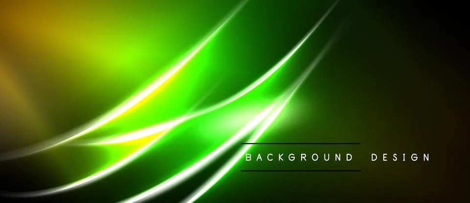 Abstract neon lines create dynamic green, yellow glow. Dark background Stock Illustration