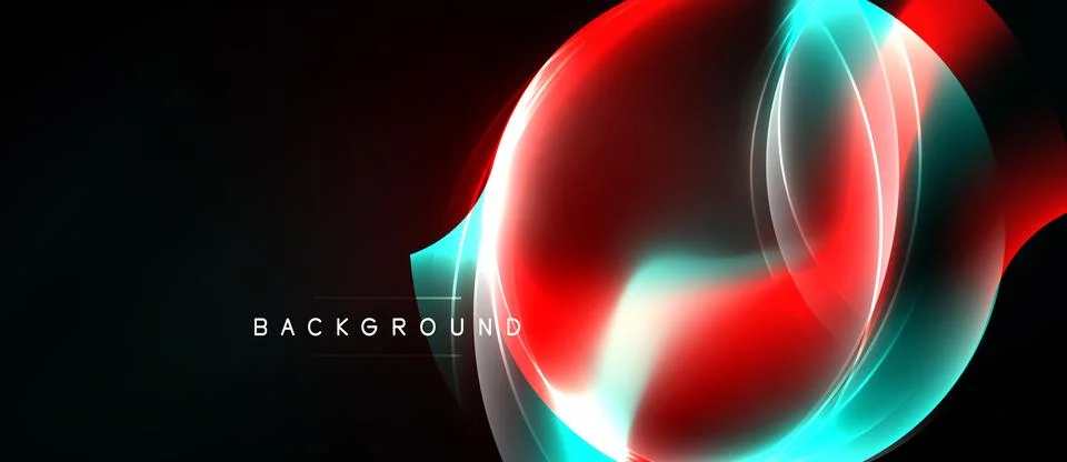 Abstract neon lines create dynamic circular shapes. Red, turquoise hues blend Stock Illustration