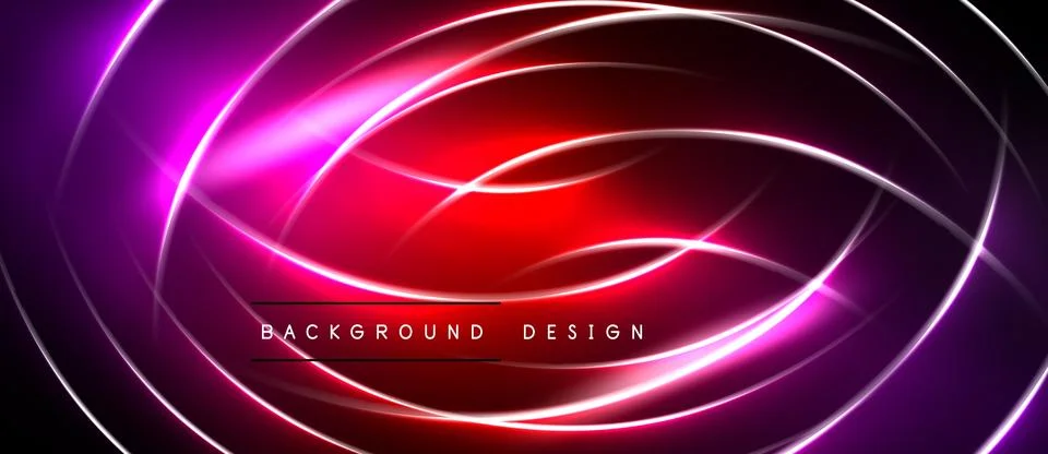 Abstract neon lines create dynamic circular shapes. Vibrant red center glows Stockillustratie