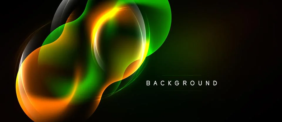 Abstract neon lines create flowing shapes. Orange, green hues dominate dark Stock Illustration