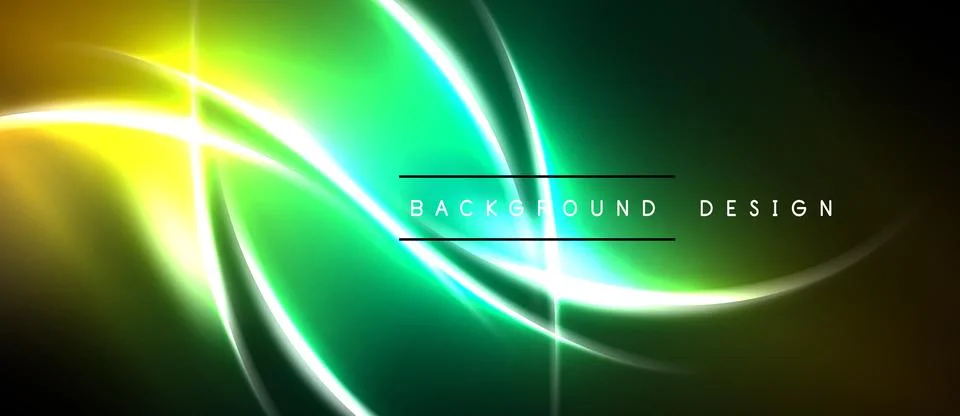 Abstract neon lines create vibrant green, yellow glow. Dark background Stock Illustration