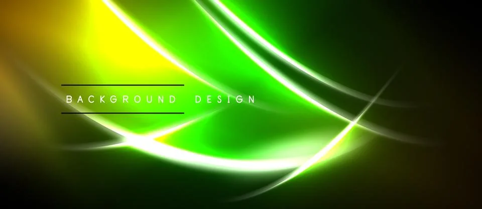 Abstract neon lines create vibrant green, yellow glow. Dark background Stock Illustration