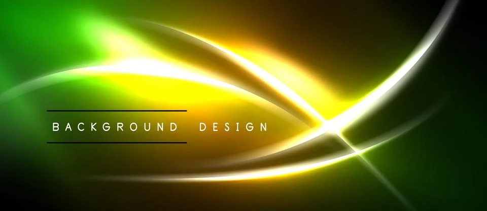 Abstract neon lines create vibrant green, yellow glow. Dark background Stock Illustration