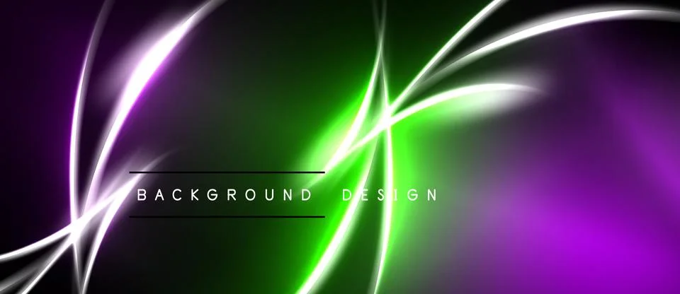 Abstract neon lines create vibrant background. Green, purple, white glow Stock Illustration