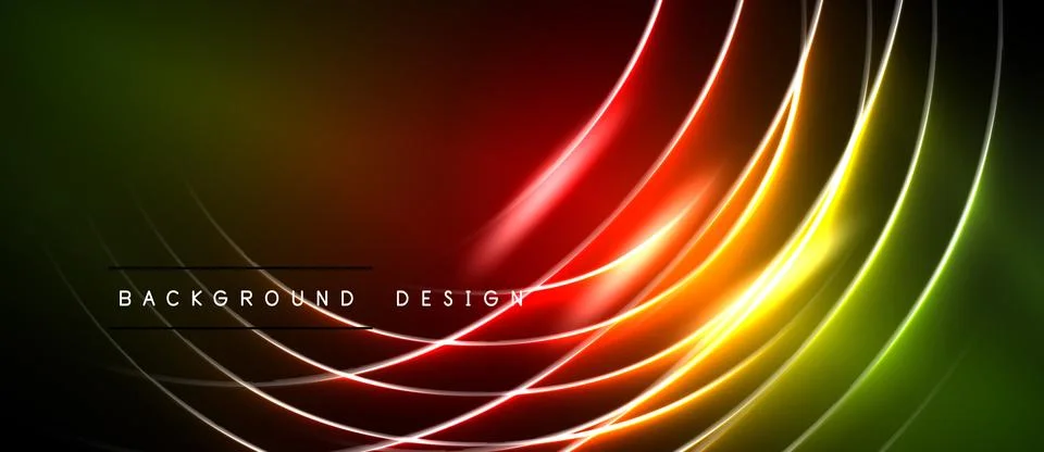 Abstract neon lines create vibrant gradient. Dark background emphasizes glowi Stock Illustration