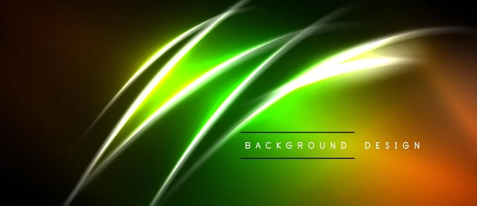 Abstract neon lines create vibrant green, orange glow. Dark background Stock Illustration