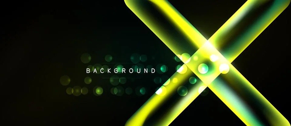 Abstract neon lines form dynamic x shape. Glowing orbs accent dark background Ilustración de archivo