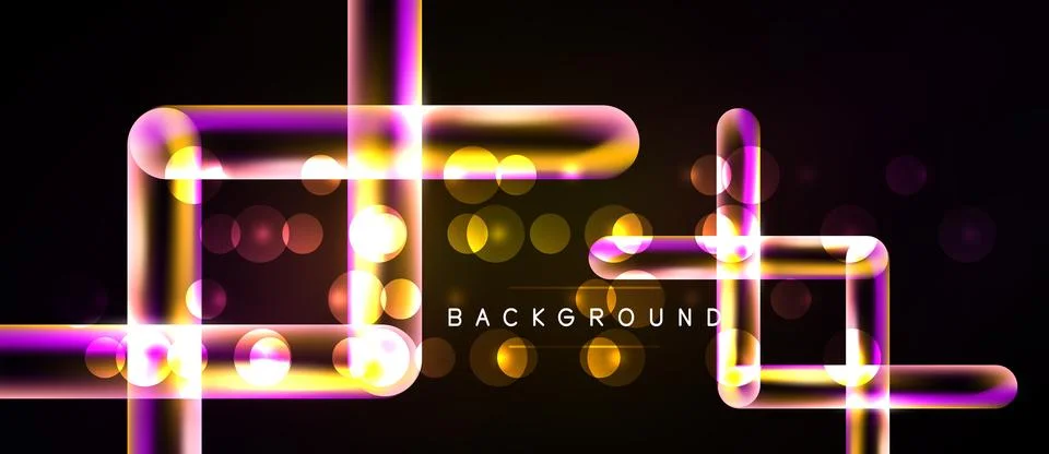 Abstract neon lines form geometric shapes over dark background. Bright bokeh Stock Illustration