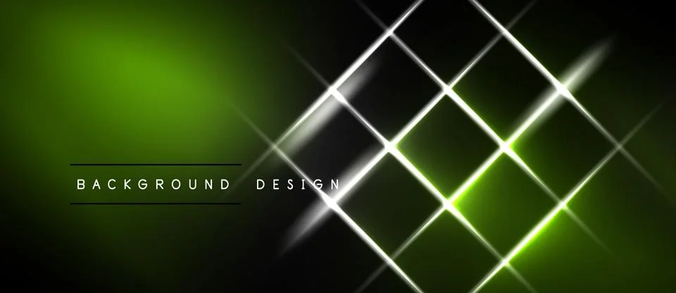 Abstract neon lines form grid pattern over dark green, black gradient. Text Stockillustratie