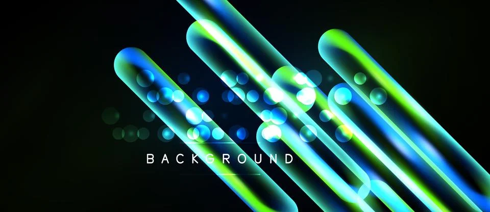 Abstract neon lines, glowing bubbles, dark background. Modern design elemen.. Illustrazione stock