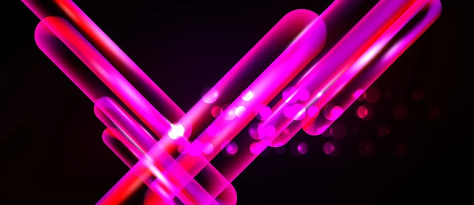 Abstract neon lines intersect, creating vibrant pink glow. Circles add depth Illustrazione stock