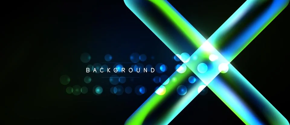 Abstract neon lines intersect, creating vibrant X shape. Glowing circles add Stock Illustration