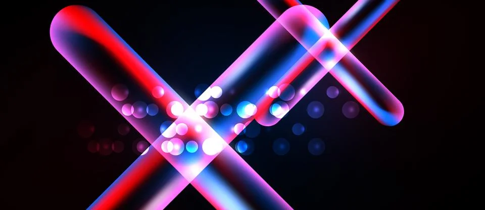 Abstract neon lines intersect, creating vibrant light effects. Bubbles add .. Stock Illustration