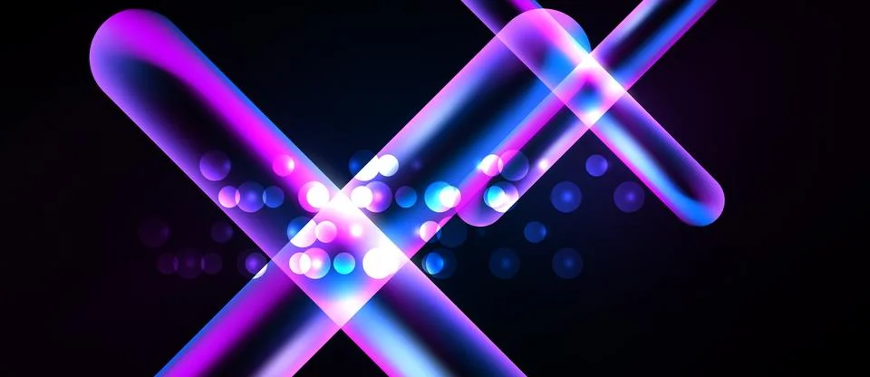 Abstract neon lines intersect, creating vibrant glow. Bubbles add depth, Stock Illustration