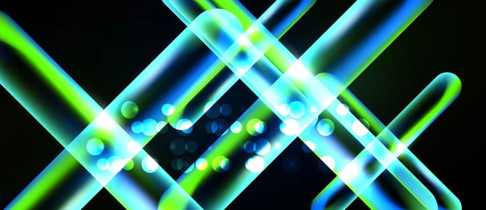 Abstract neon lines intersect, creating vibrant light patterns. Bubbles add Иллюстрация