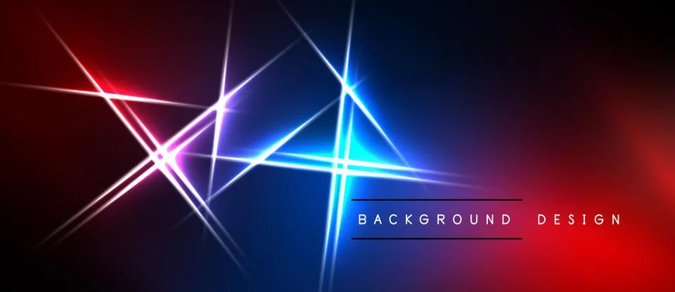 Abstract neon lines intersect, creating vibrant blue, red, purple glow. Dark Stock Illustration