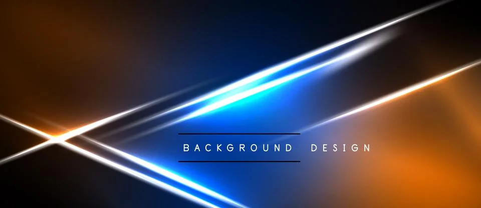 Abstract neon lines intersect dark background. Bright orange, blue hues creat Stock Illustration