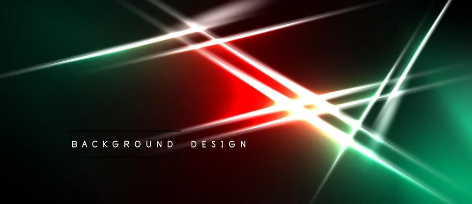 Abstract neon lines intersect dark background. Red, green, white glow creates Stock Illustration