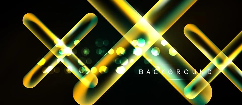 Abstract neon lines intersect over dark background. Bright glowing circles ad Illustrazione stock