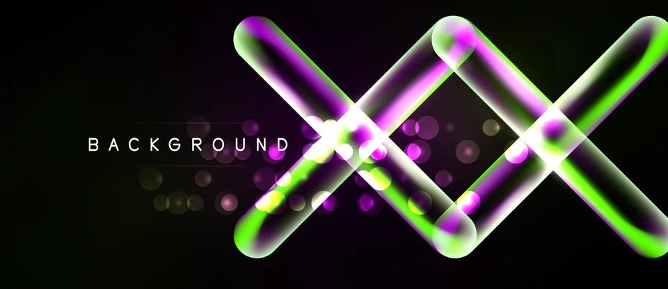 Abstract neon lines intersect over dark background. Bright circles add dynami Stock Illustration