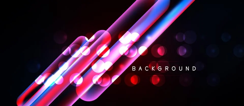 Abstract neon lines intersect over black space. Bright circles add dynamic Ilustração Stock