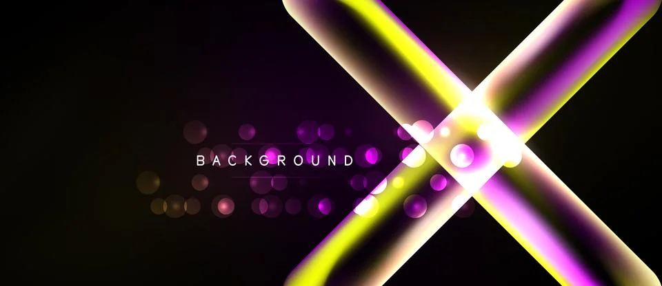 Abstract neon lines intersect over dark background. Glowing circles add depth Illustrazione stock