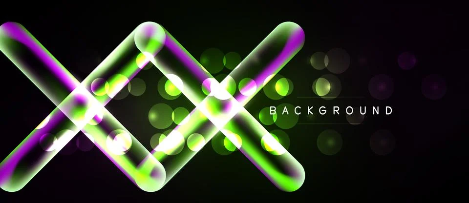 Abstract neon lines intersect over dark background. Glowing circles add depth Stock Illustration