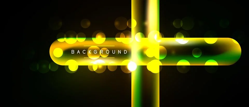 Abstract neon lines intersect over black background. Bright yellow glows crea Ilustração Stock