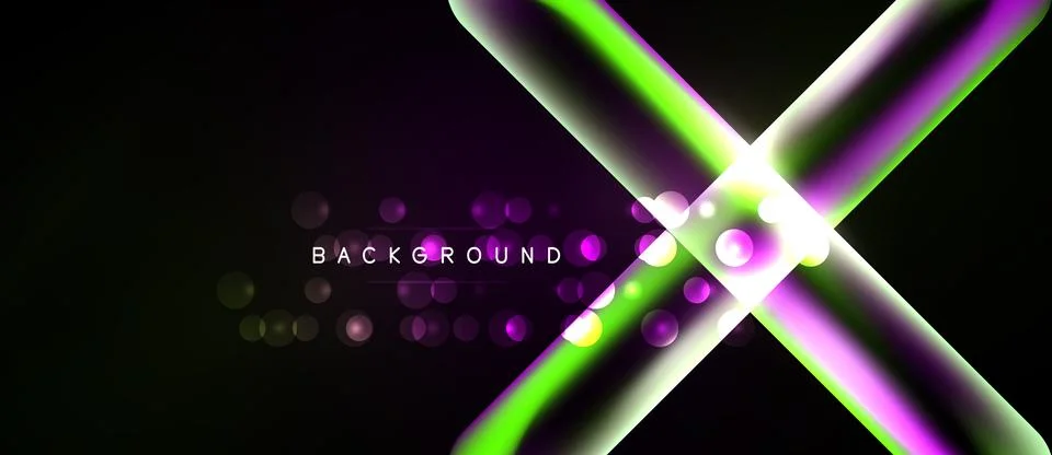 Abstract neon lines intersect over black background. Glowing circles add dept Ilustração Stock