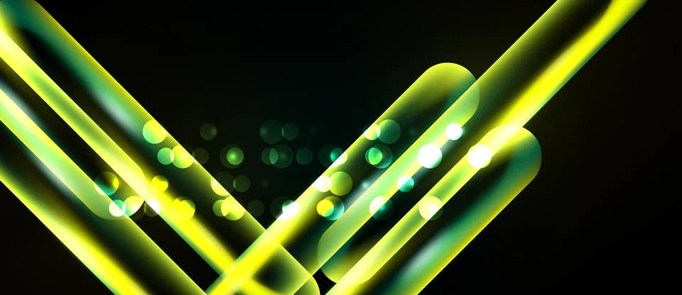 Abstract neon lines intersect over dark background. Glowing particles add Stock Illustration