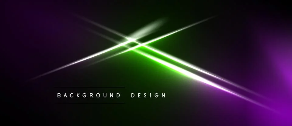Abstract neon lines intersect over dark purple, green gradients. Text reads Ilustração Stock