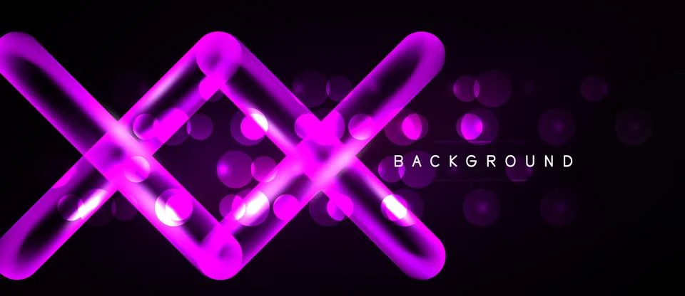 Abstract neon lines intersect over dark background. Circles add depth, creati Ilustração Stock