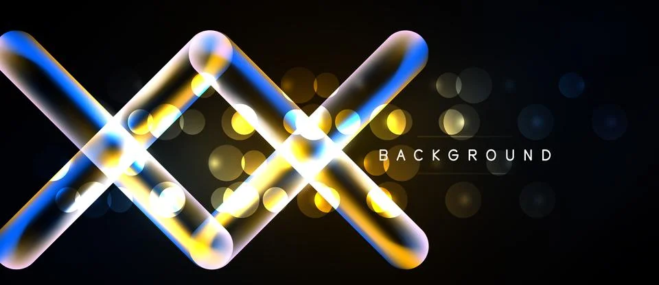 Abstract neon lines intersect over dark background. Golden bokeh adds depth, Ilustração Stock